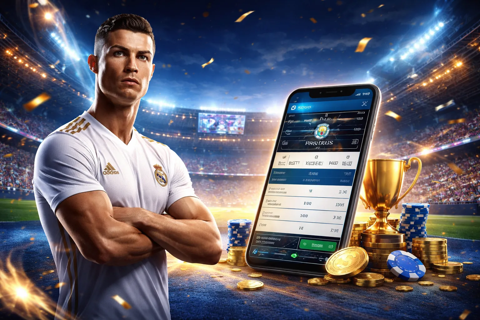 Sân vận động bóng đá với ánh sáng cam, biểu tượng cá cược thể thao vs bet